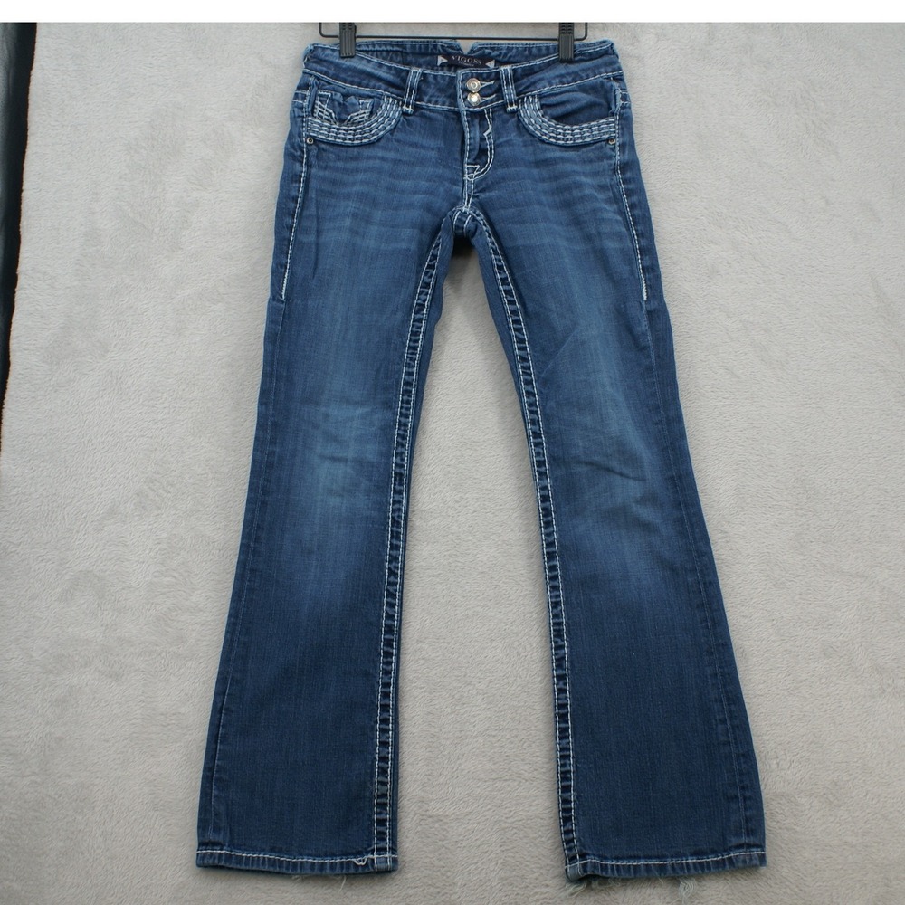 Vigoss Women 26/1 Bootcut Jeans Medium Wash White Contrast Stitch Distressed Hem